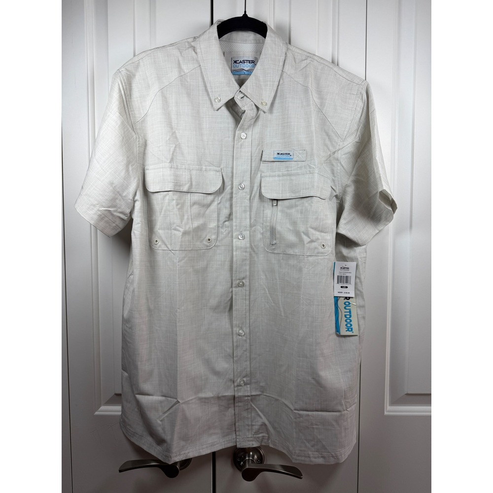 XCaster Outdoor Mens Fishing Shirt Birch Tan/Blue Short Sleeve Large, NWT